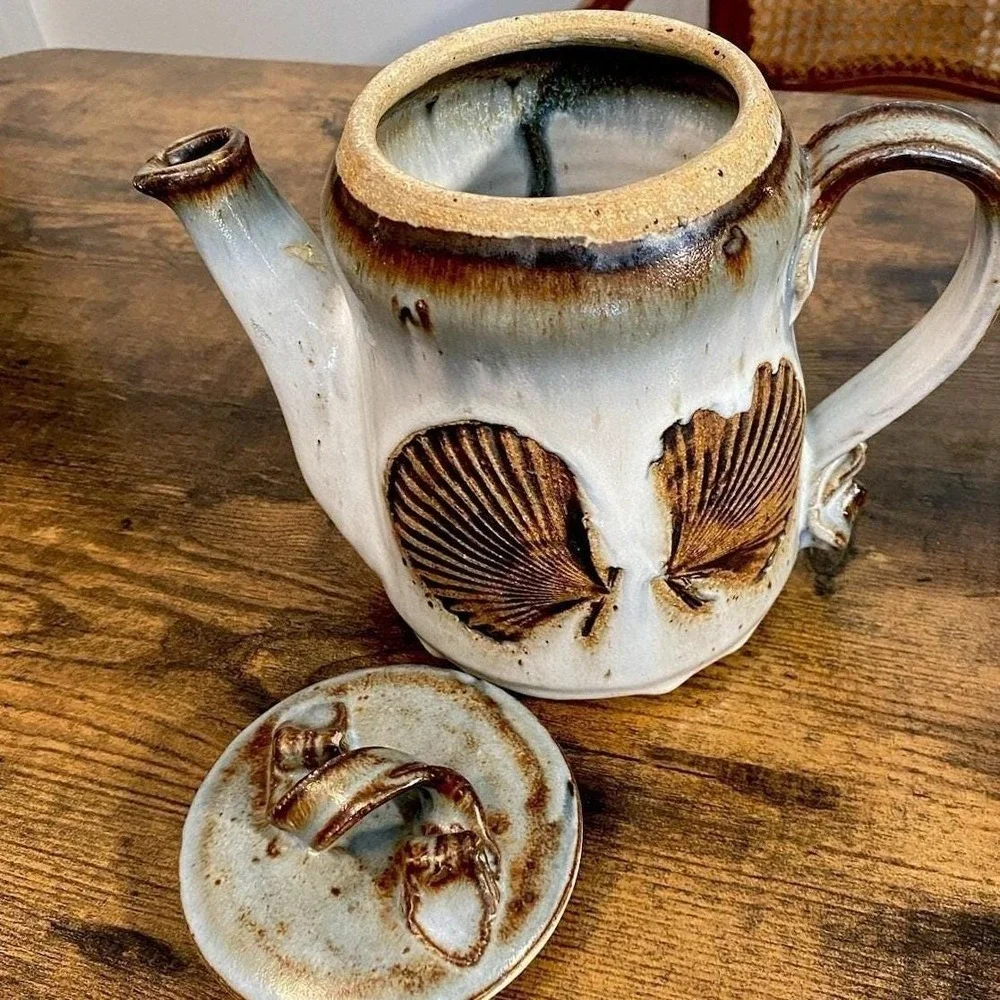 Studio Pottery Seashell Tea Set Teapot 2 Mugs Glazed Hefty Stoneware Coastal Art